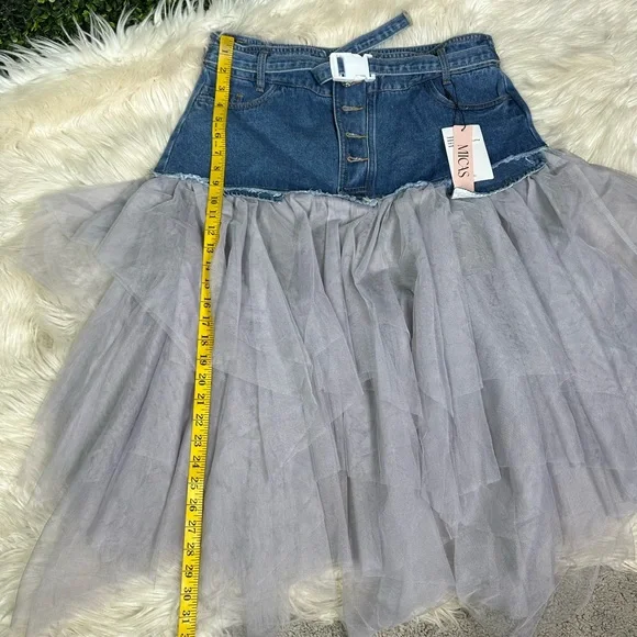 Nwt Micas Denim Mesh Patchwork High Waist denim and tulle Skirt - Picture 15 of 17